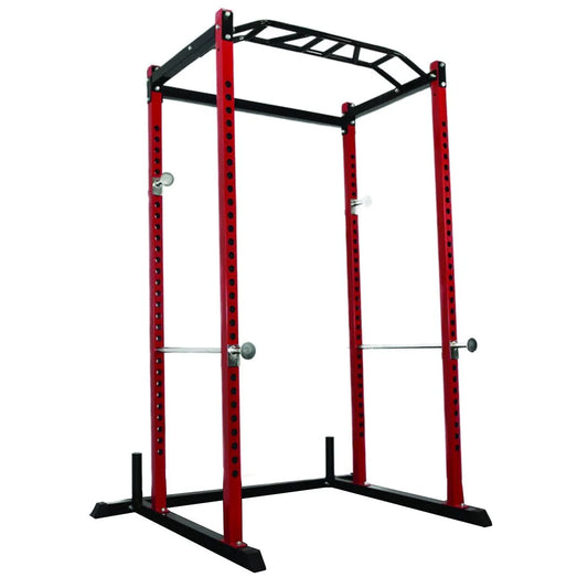 Versatile Power Cage – Red & Black Squat Rack with Pull-Up Station for Weightlifting