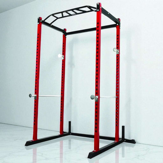 Versatile Power Cage – Red & Black Squat Rack with Pull-Up Station for Weightlifting